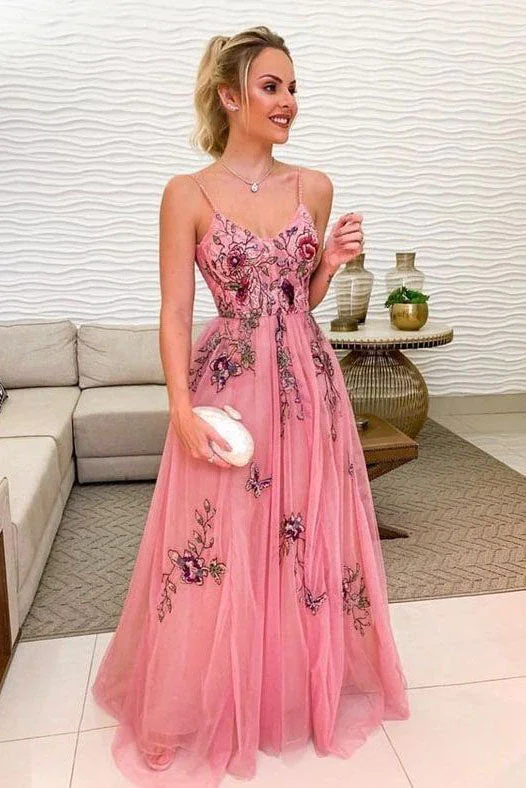 Style Beyond Borders A Line Spaghetti Straps Tulle Long Floral Appliques Prom Dresses