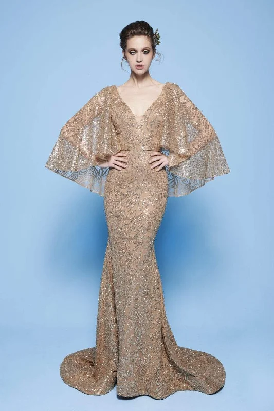 Wardrobe Essentials MNM Couture - N0245 Sequin Embellished Mermaid Gown with Cape Sleeves