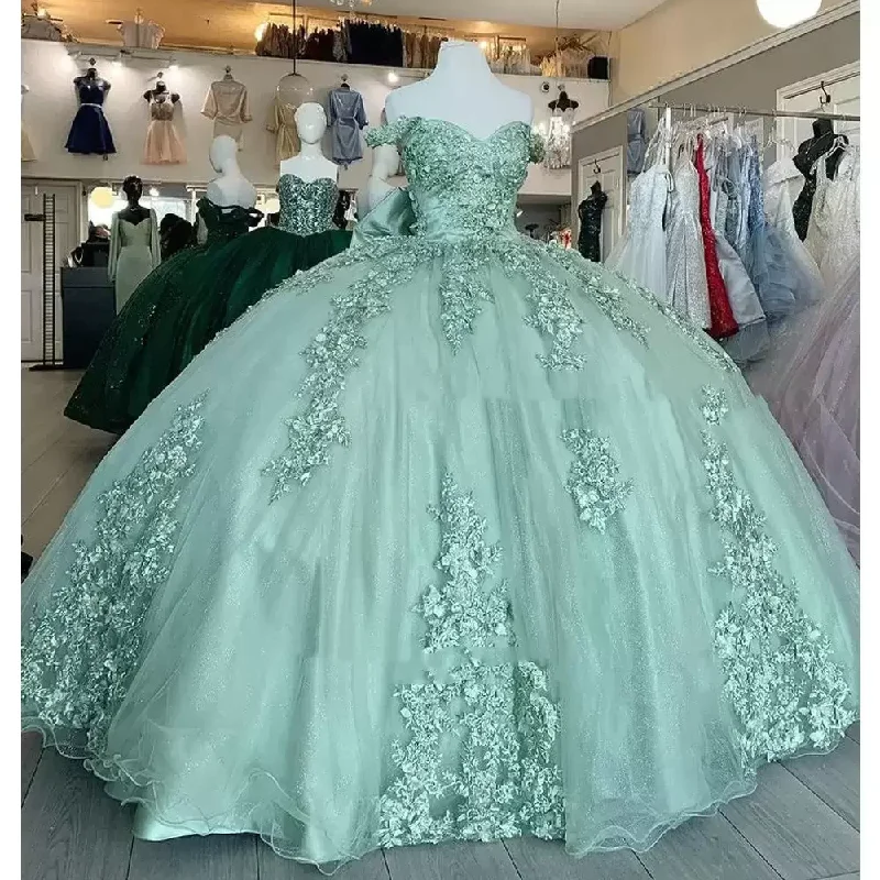 Best Online Clothing Boutiques Sage Green Quinceanera Dresses Off Shoulder Floral Appliques Lace Bow Back Corset For Sweet 15 Girls Party Gowns