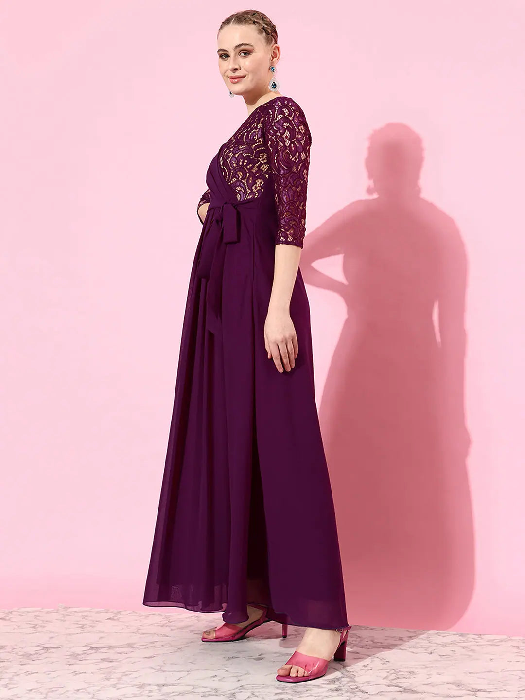 Chic Styles Catch The Rhythm Lace Overlaid Maxi Dress Dark Purple