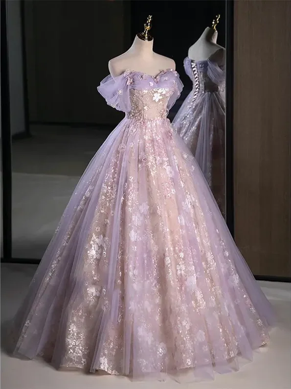 Snag Fabulous Fashion Bargains Purple Floral Tulle Prom Dress,christmas Dress,elegant prom gown,a line ball gown,evening dress,cocktail Dress,prom dress,strapless Dress