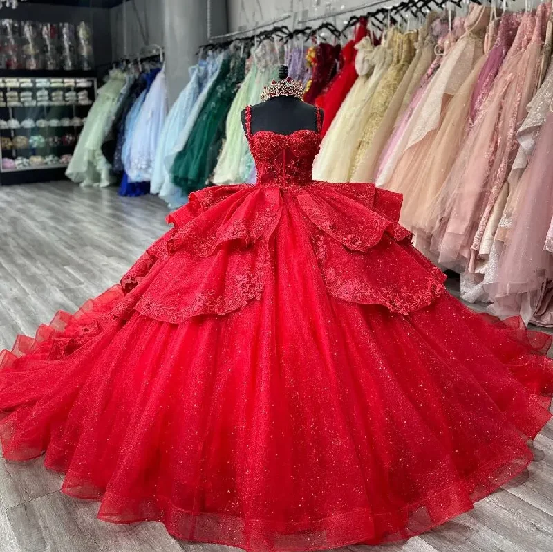 Online Boutiques Affordable Red Sparkly Princess Quinceanera Dresses Floral Applique Boning Corset