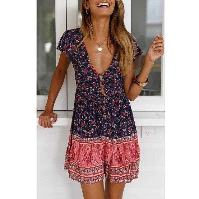 Comfort First Women's Wear FashionSierra - Women Summer Clothes Red Blue Floral Print Sexy Tunic Boho Mini Dress Vneck Button Ladies Bohemian Beach Dresses Casual Sundress