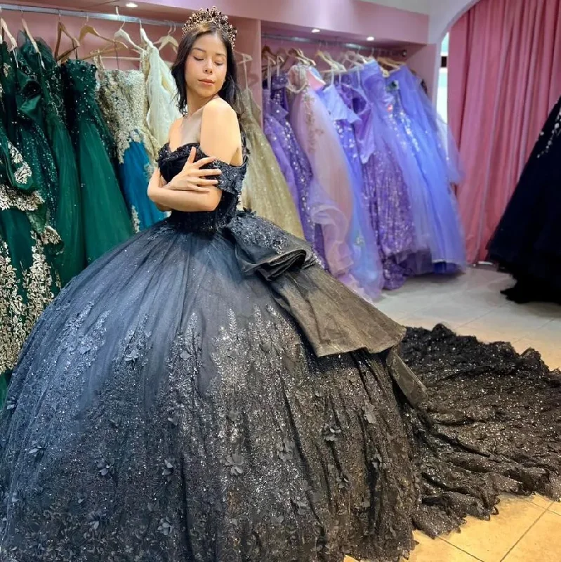 Trendy Attire For Her Black Luxury Princess Quinceanera Dresses off Shoulder 3D Floral Applique Embroidery Corset