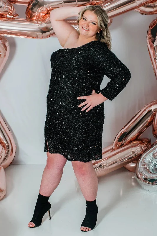 Seasonal Sale Sydneys Closet SC8112 Size 26 Onyx Plus size Sequin One Shoulder Long Sleeve Cocktail Dress Formal Gown