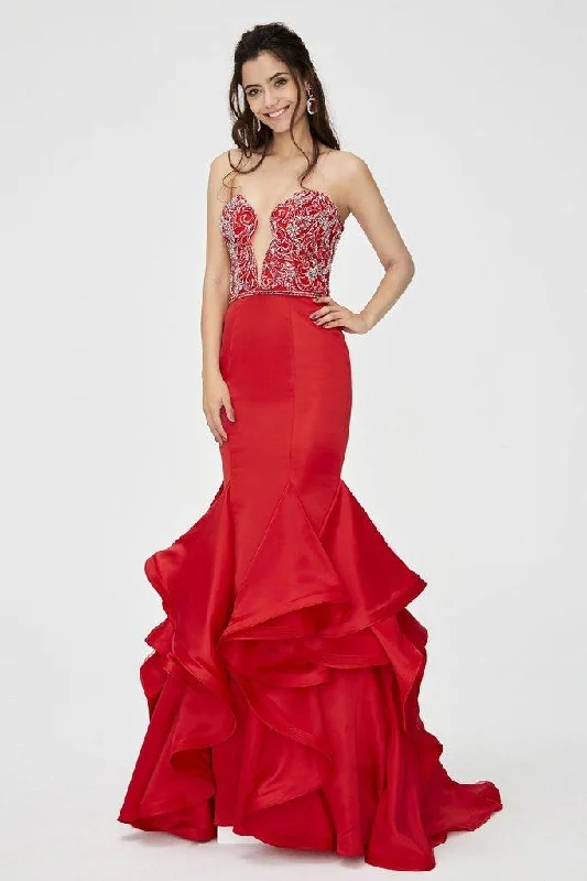 Trend Setting Threads Angela & Alison  - 81139 Beaded Embellished Plunging Illusion Neck Ruffled Mermaid Gown - 1 pc Hot Red in Size 6 Available