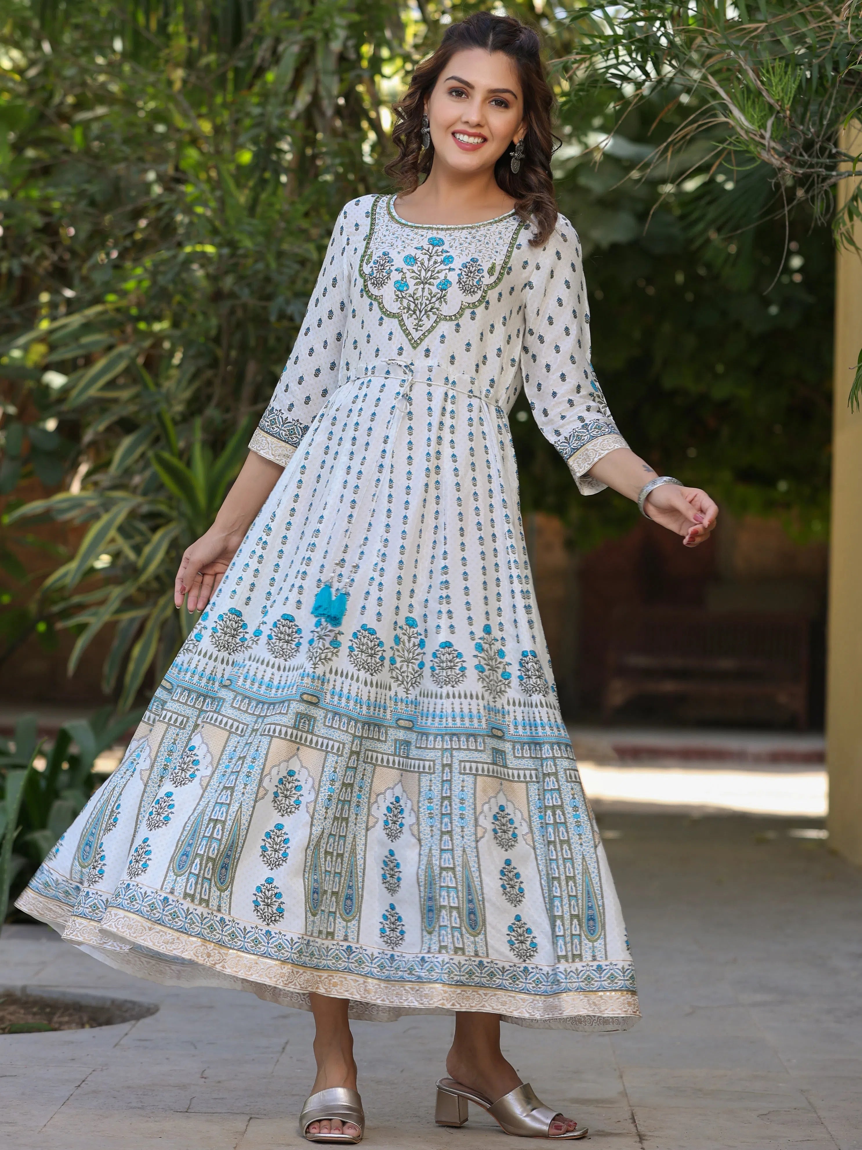 Relaxed Fashion Juniper Women Blue Shantoon Printed Anarkali Maxi Dress.