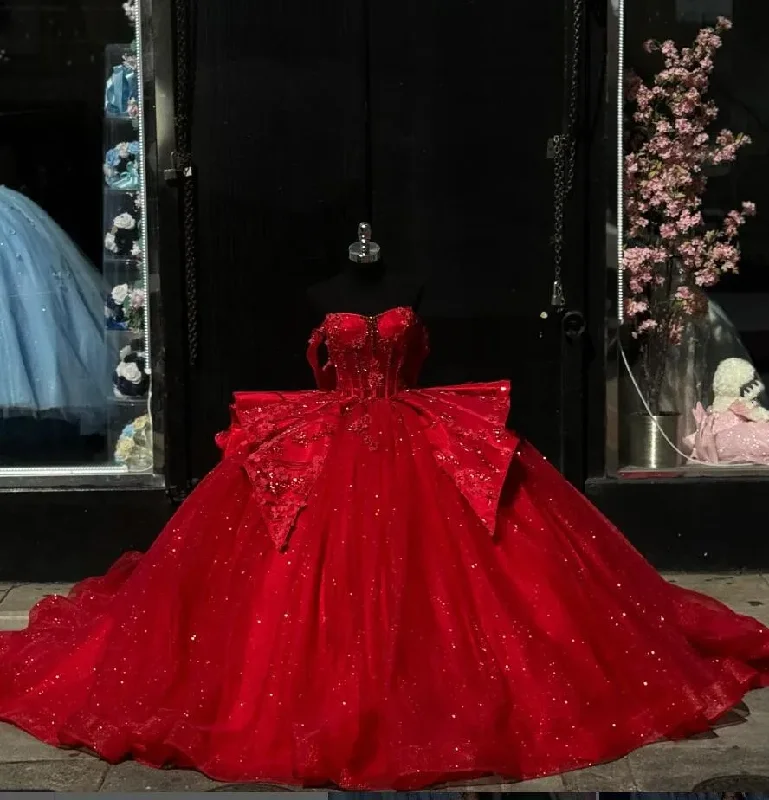 Online Boutique Clothing Ruby Red Sparkly Princess Quinceanera Dresses Gillter Off Shoulder Floral Applique Corset