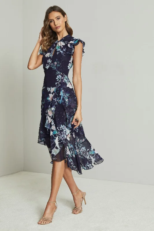 Festival Fashion Printed Keyhole Ruffle Fit and Flare Midi Dress