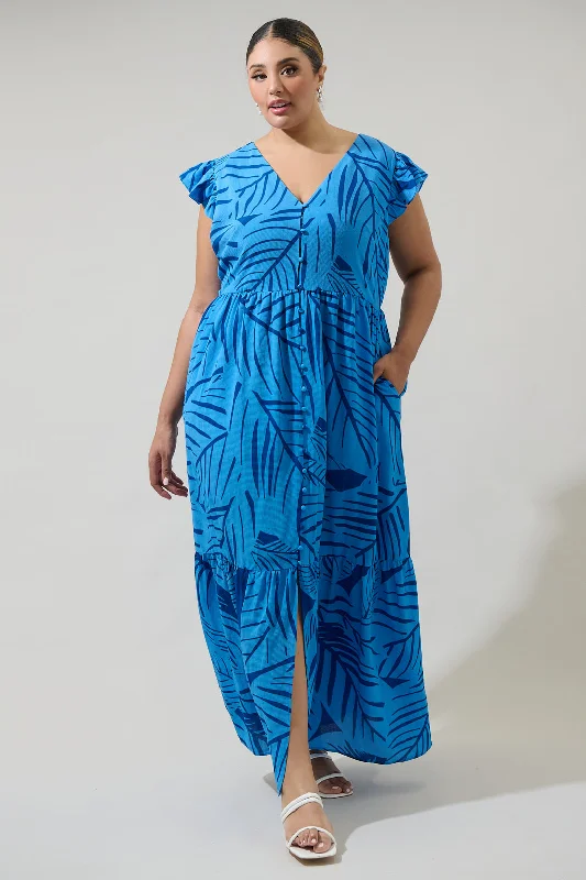 Signature Style Essentials Maia Tropics Evianna Button Down Flutter Maxi Dress Curve