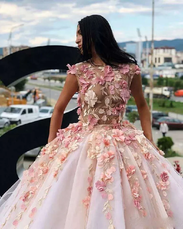 Casual Chic Princess Floral Flowers Ball Gown Quinceanera Dresses Sweet 16 Dress Prom Dresses Lace Appliques Puffy Princess Pageant