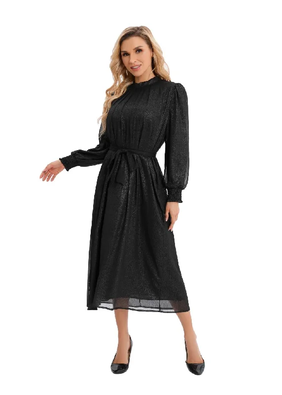 Trendy Attire For Her Shimmering Belted Chiffon Long Sleeve Midi Dress