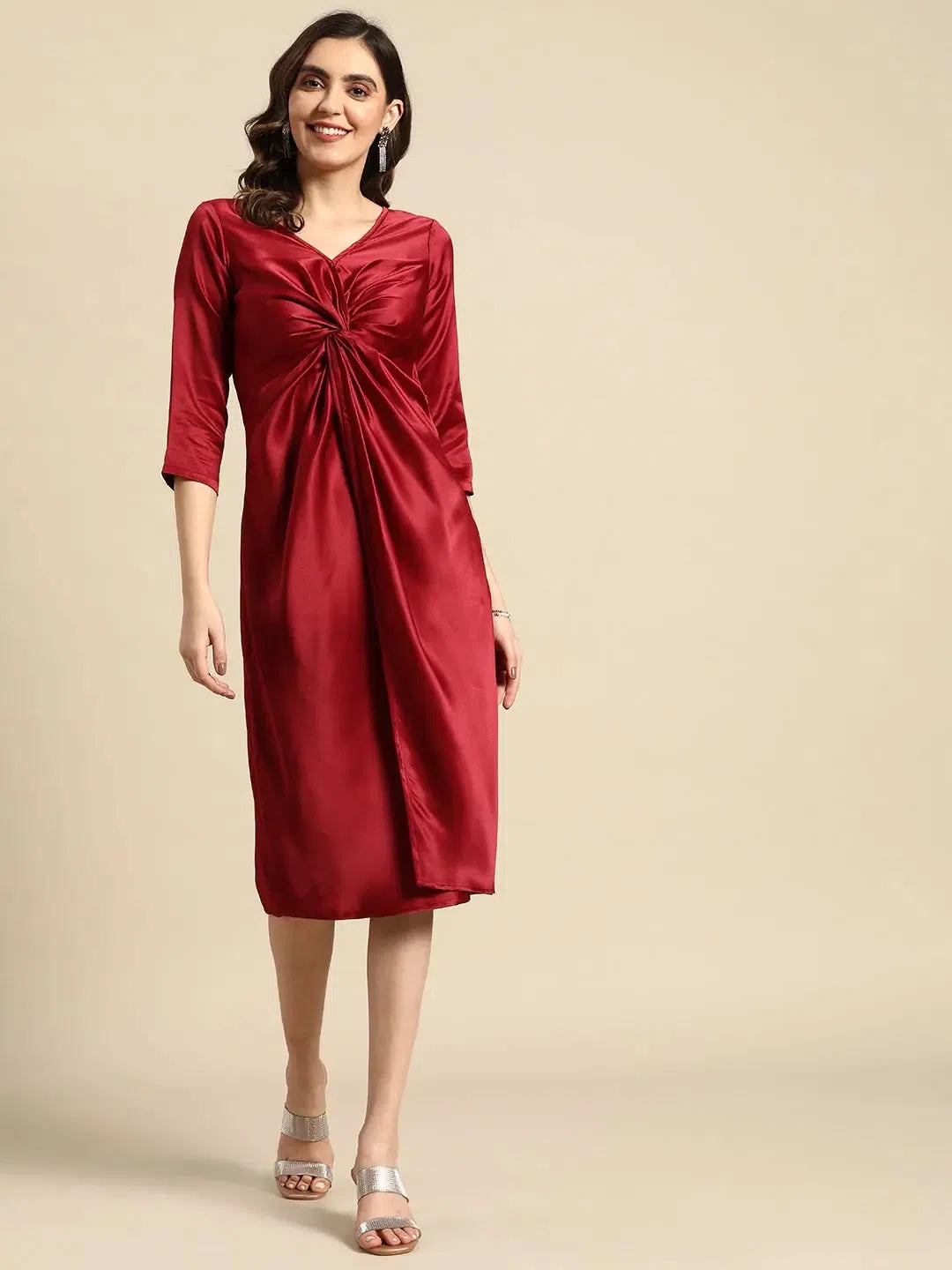 Comfort Centric Apparel Front Twist Midi Dress in Maroon