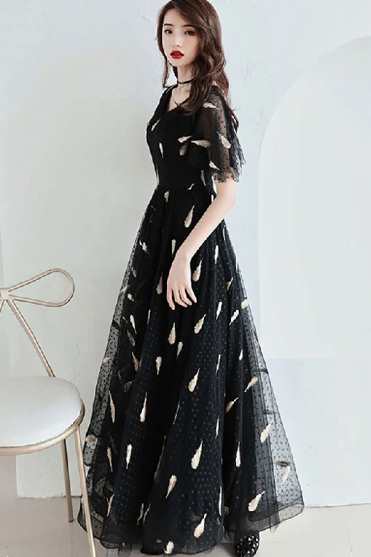 Edgy Fashion Flare Sleeve V-neck Embroidered Tulle Maxi Dress