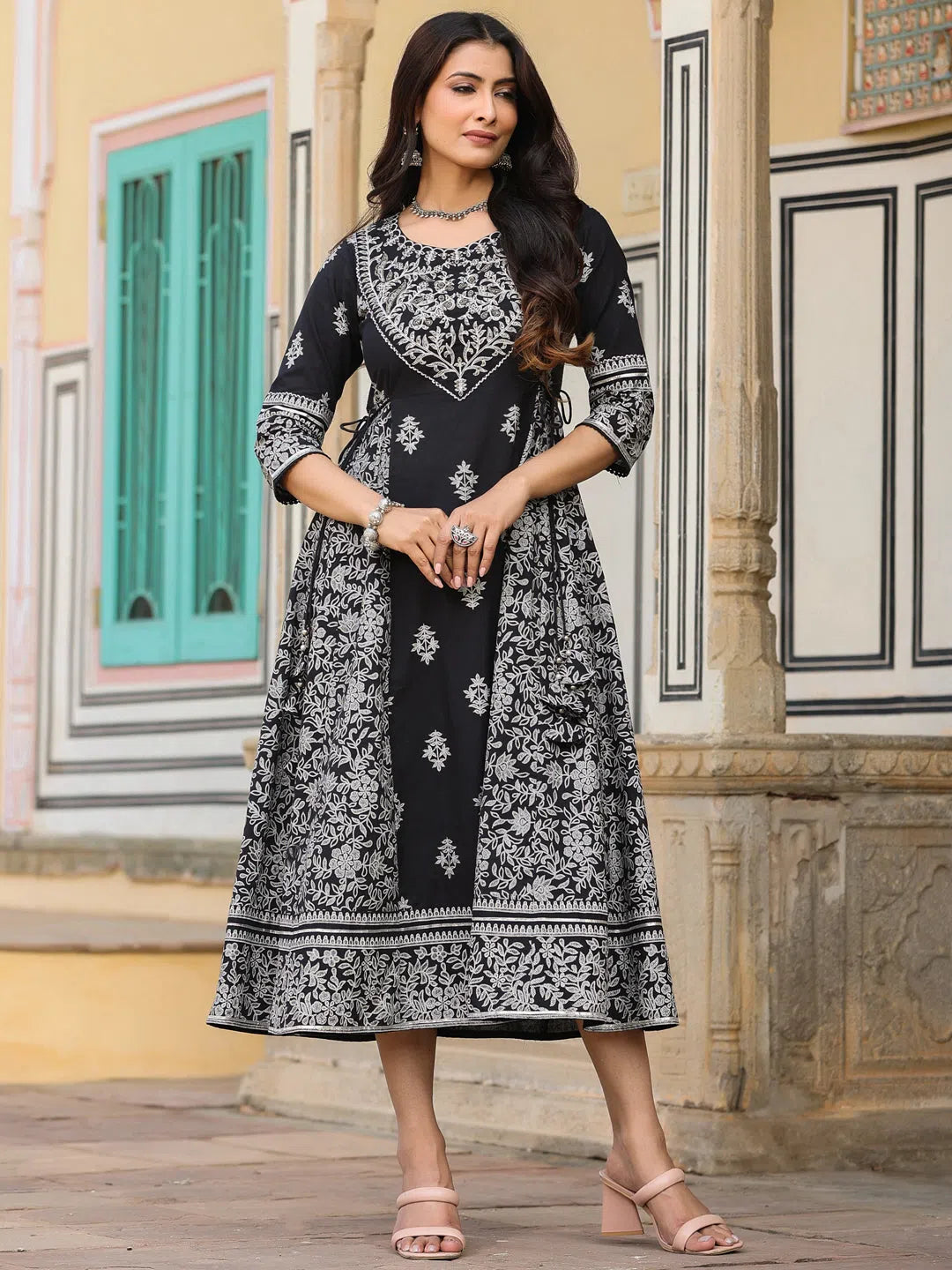 Timeless Elegance Juniper Women Black Cotton Cambric Aari Printed Maxi Dress.