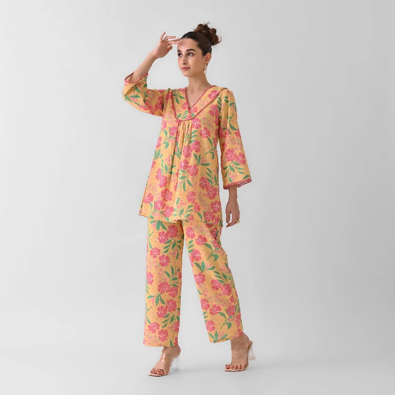 Find Your Unique Flair Mango Yellow Blooming Cotton Co-ord Set