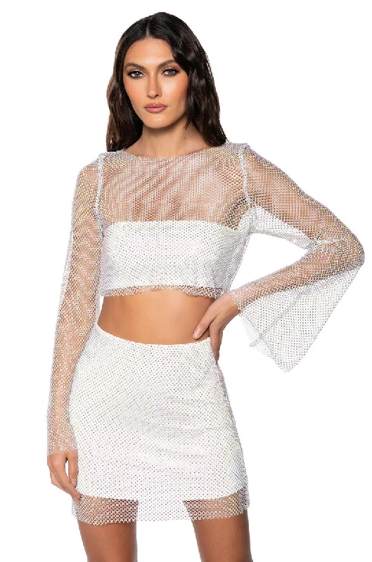 Discover Now FLASHING LIGHTS RHINSTONE MESH LONG SLEEVE TOP IN WHITE