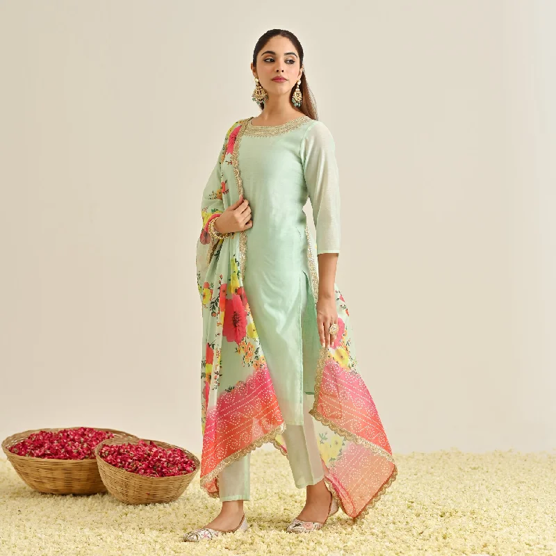 Trendy Threads Mint Festive Embroidered Kurta Set with Printed Dupatta & Round Yoke Detail