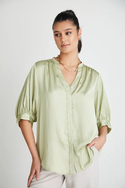 Vibrant Styles Deity Sage Satin Button Through Puff Sleeve Ss Blouse