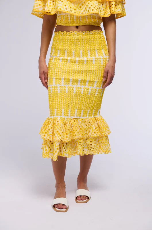 Exclusive Designer Collection SUMMER LOVING RUFFLE TEXTURED MIDI SKIRT IN YELLOW