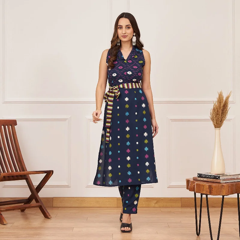 Crazy Price Slashing Navy Blue Ikat Inspired Kurta Pant Co-ord Set with Belt