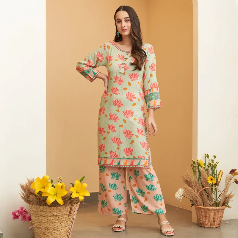 Explore What's New Mint Green Pink Lotus Print Kurta Pant Co-ord Set