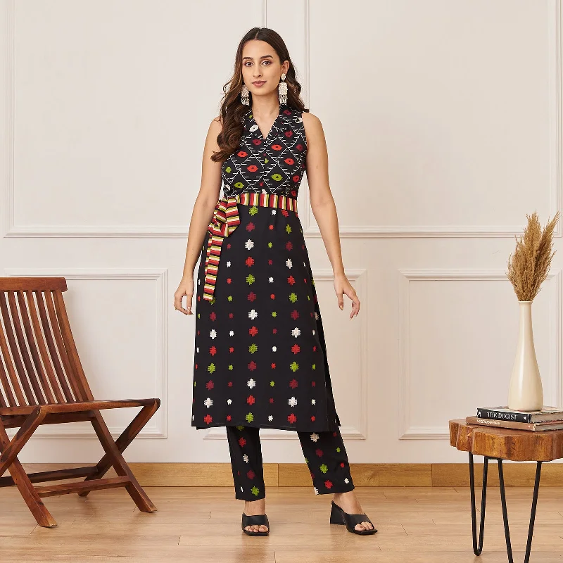 Trendy Aesthetics Black Ikat Inspired Kurta Pant Co ord Set with Belt