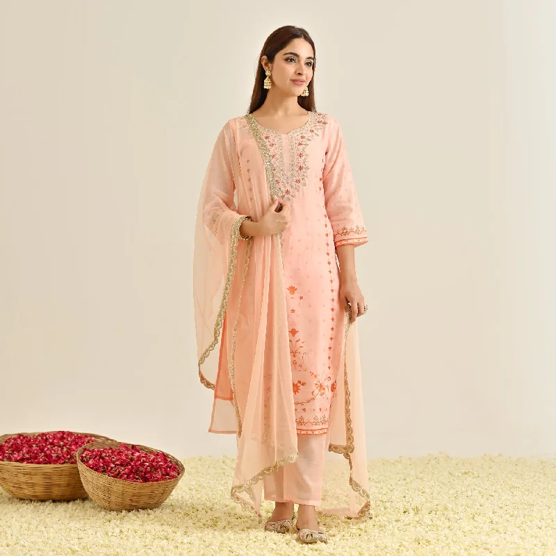 Style Streetwear Peach Floral Straight Kurta Set with Yoke Embroidery & Dupatta