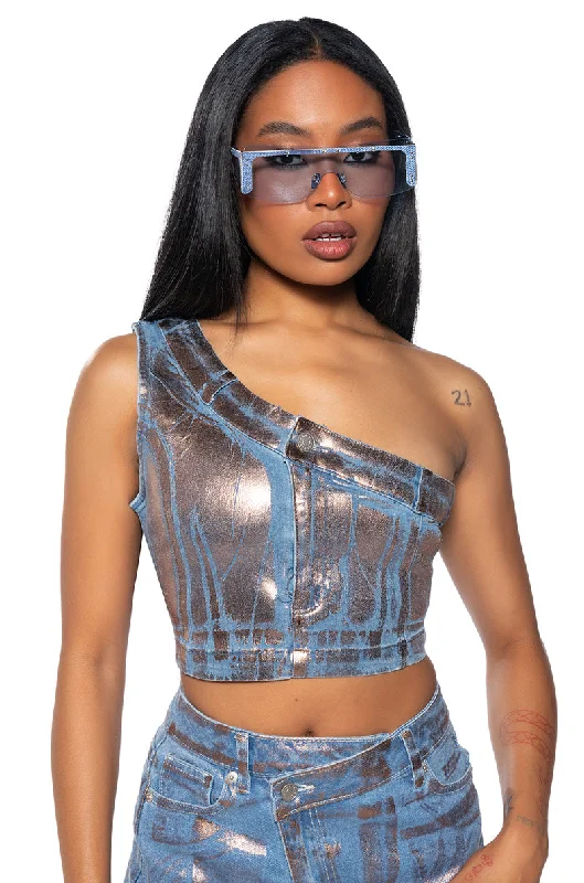 Women Apparel DIVINE TIMING CROPPED METALLIC DENIM TOP