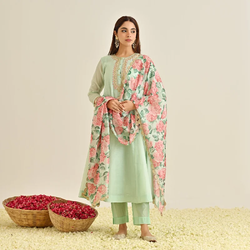 Chic Styles Mint Blue Anarkali Set with Floral Printed Dupatta & Yoke Embroidery