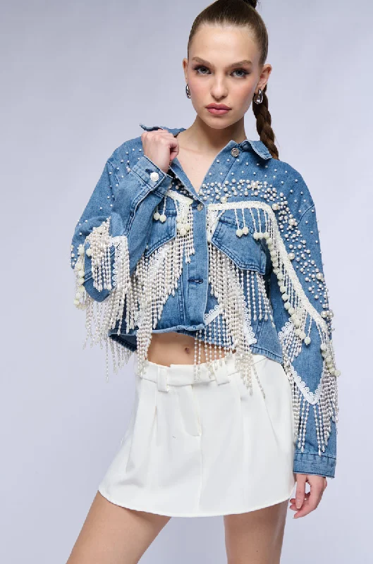 Best Boutiques Online THE WORLD IS YOUR OYSTER PEARL TRIM DENIM JACKET