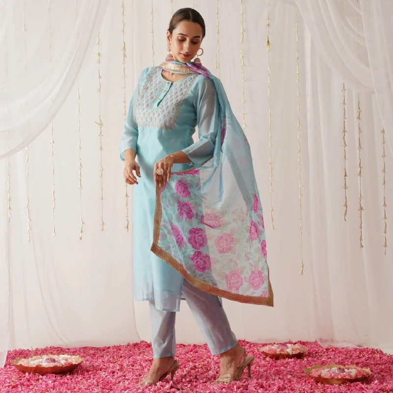 Style Breakthroughs Sky Blue Embroidered Chanderi Kurta Set with Dupatta