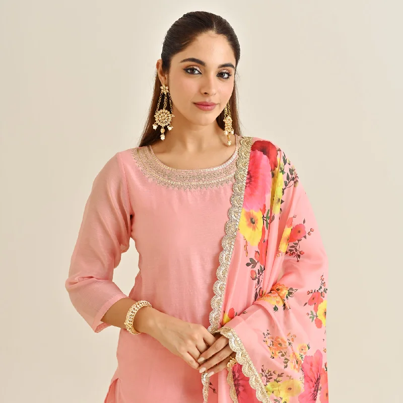 Trend Forward Women's Wear Pink Festive Embroidered Kurta Set with Printed Dupatta & Round Yoke Detail