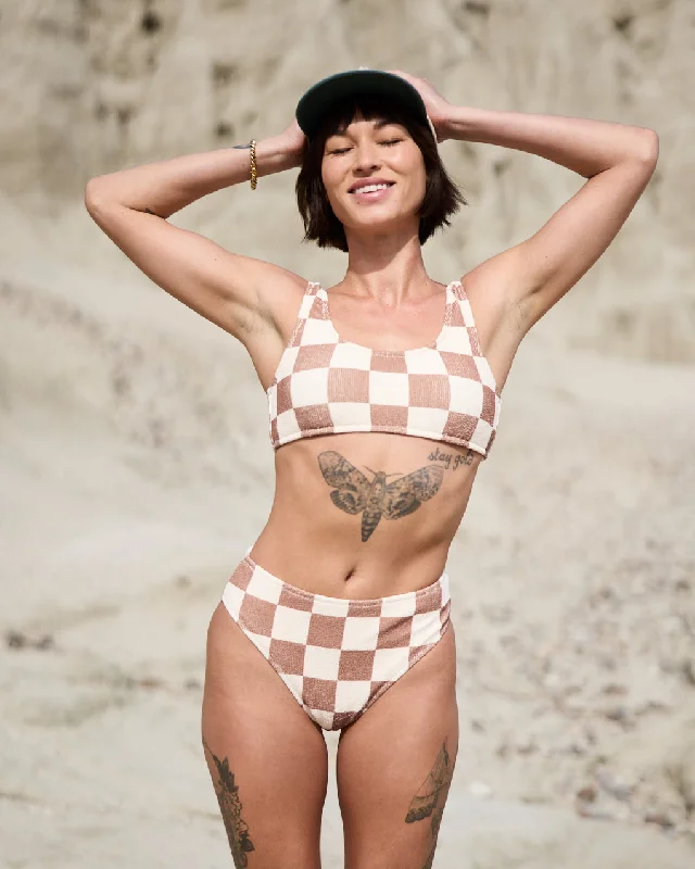 Budget-Friendly Fashion Checkerboard Bikini Top - Off White / Brown