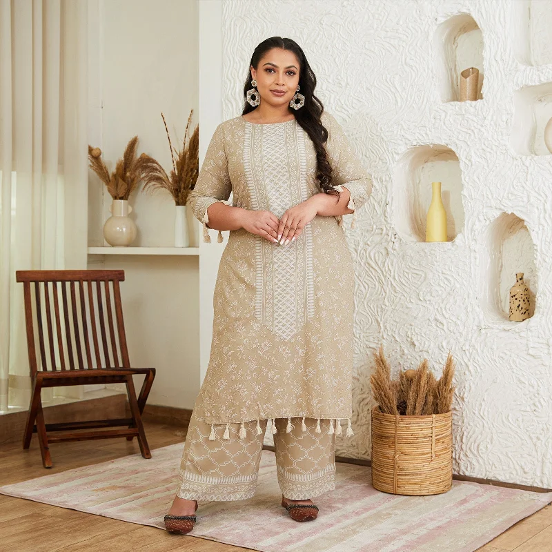 Everyday Wear Beige Kurta Palazzo Co-ord Set with Tassel Details - SOM