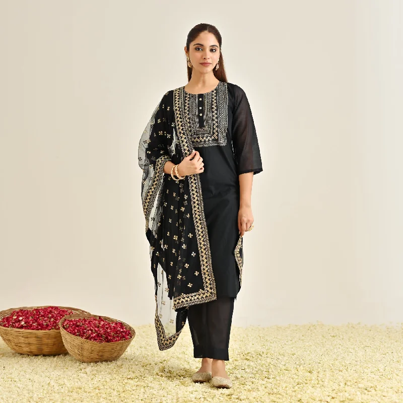 Buy More, Save More Black Festive Embroidered Kurta Set with Embroidered Dupatta