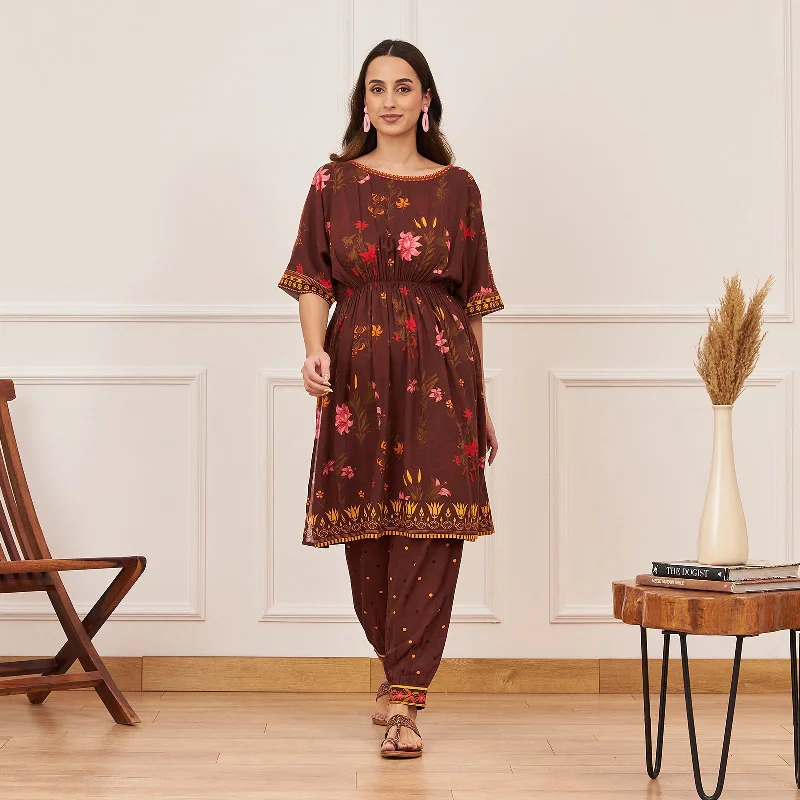 Limited Time Offer Brown Floral Drawstring Kurta Salwar Co ord Set