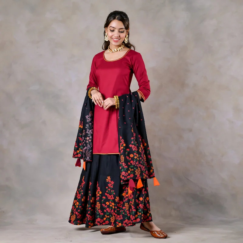 End Of Season Sale Maroon Black Palazzo Set for Women with Dupatta