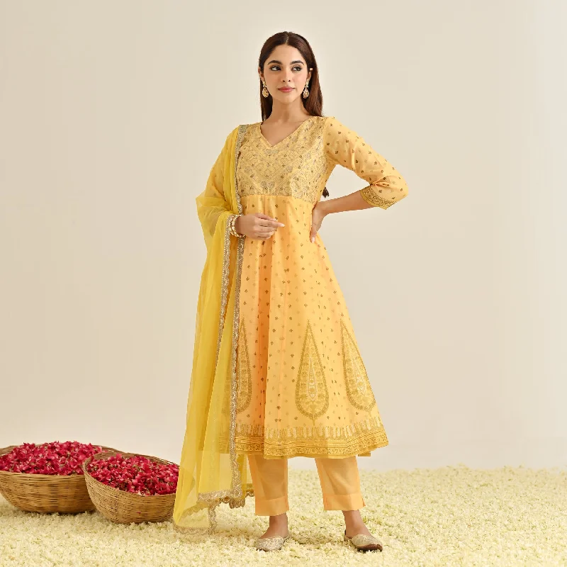 Latest Trends Mango Yellow Traditional Anarkali Set with Yoke Embroidery & Dupatta