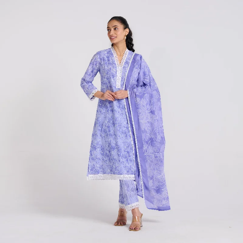 Limited Stock, Big Discounts Lavender Pure Cotton Kurta Set with Dupatta and Lace Detail