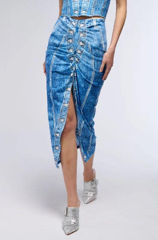 Ride The Style Wave DAY DREAMING DENIM PRINTED MIDI SKIRT