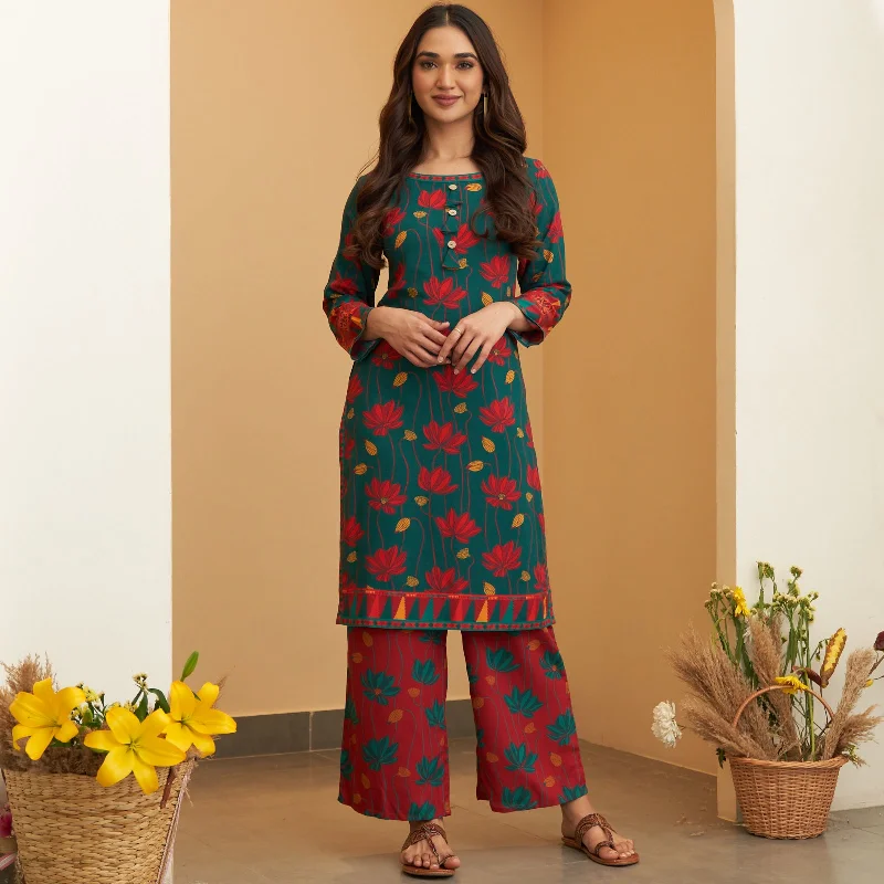 Forward Trendsetter Turquoise Maroon Lotus Print Kurta Pant Co-ord Set