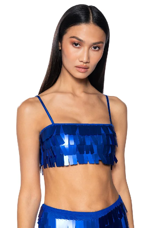 Athleisure Wear Promotion VAL STRETCH SEQUIN CROP TOP IN BLUE