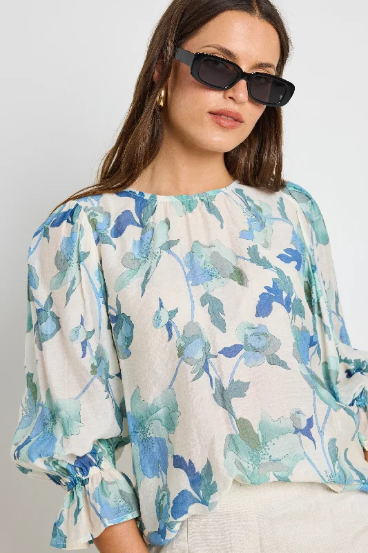 Trendsetter's Closet Candid Blue Cream Floral Frill Sleeve Crew Neck SS Top