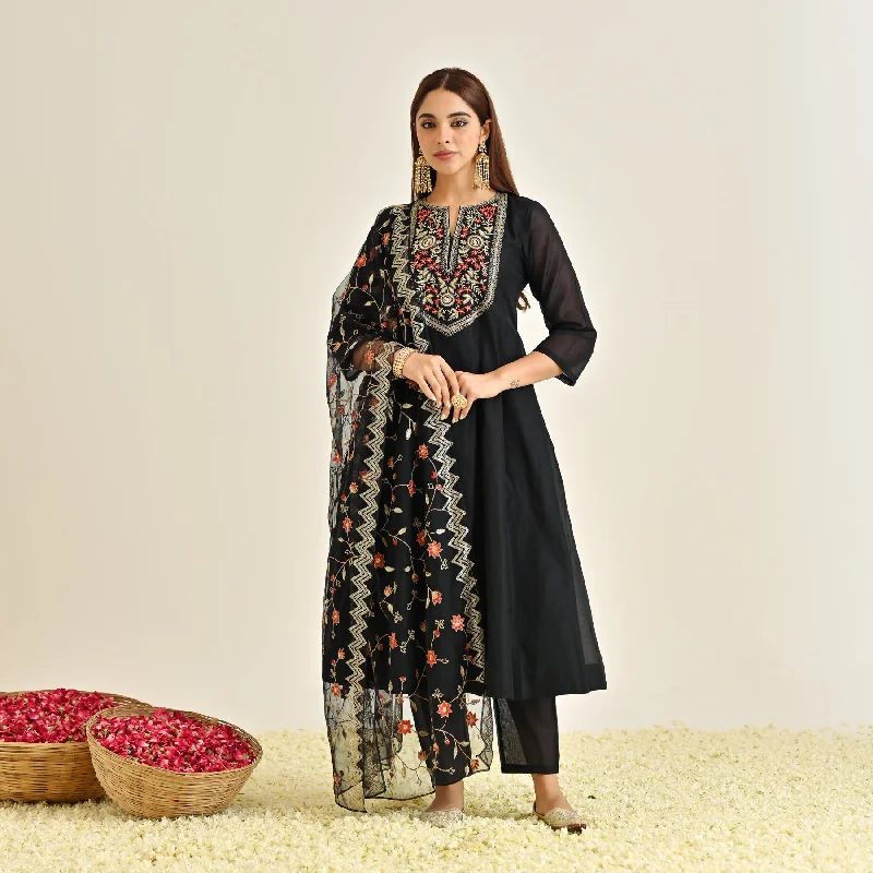 Versatile Wardrobe Essentials Black Festive Anarkali Set with Embroidered Dupatta & Yoke Detail