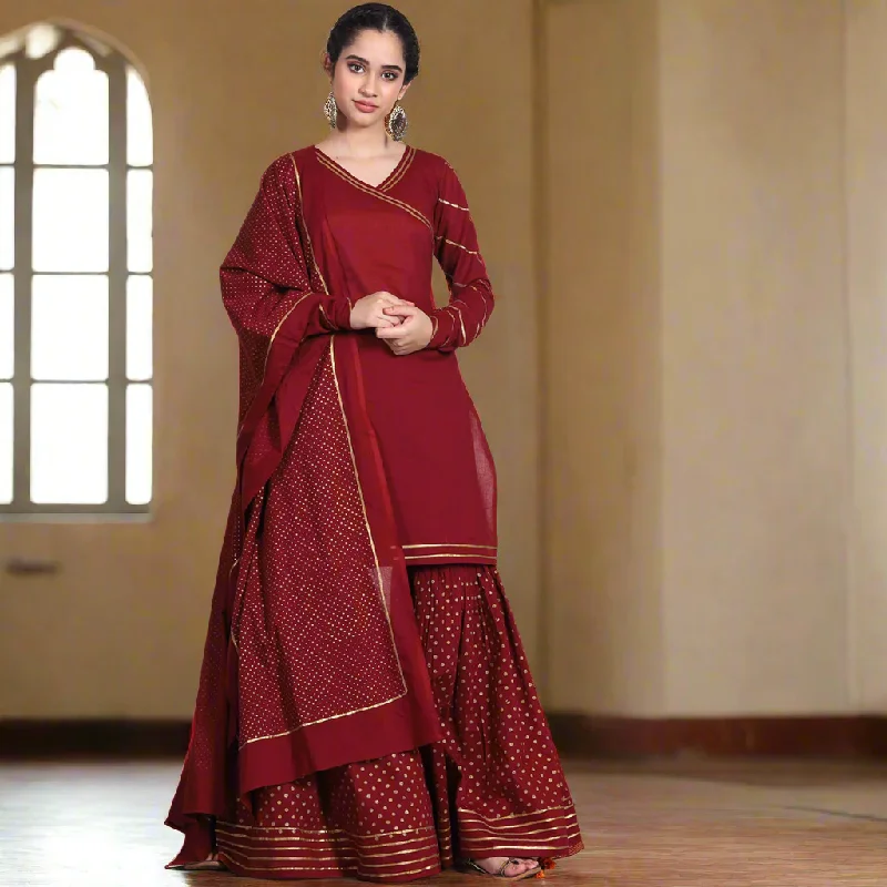 Stylish Statements Maroon Gold Printed Gharara Set with Dupatta