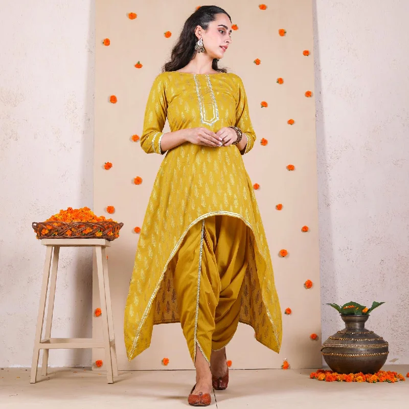 You'Ll Love Us Because Yellow Gold Printed Dhoti & Asymmetric Kurta Set with Gota Details