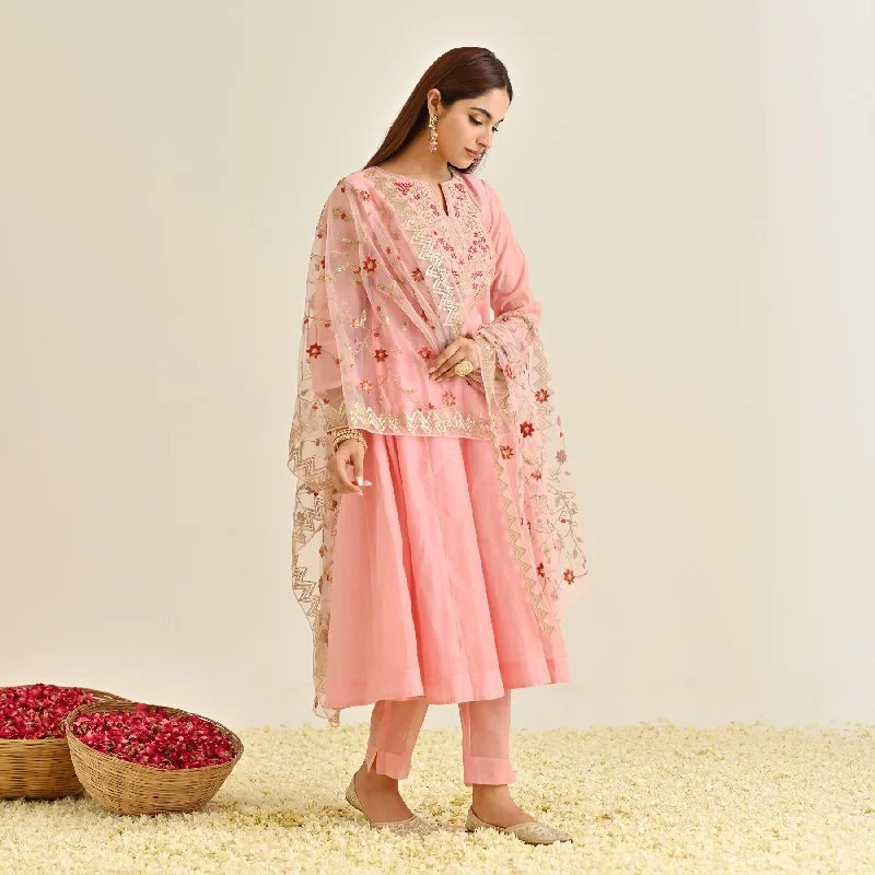 Seasonal Clearance Light Pink Festive Anarkali Set with Embroidered Dupatta & Yoke Detail