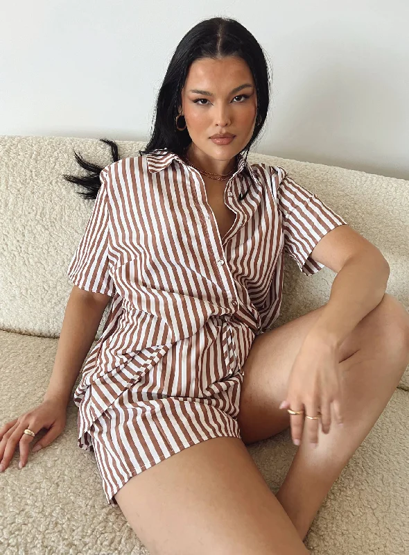 Trend Leading Collection Chloe Short Sleeve Set Brown Stripe