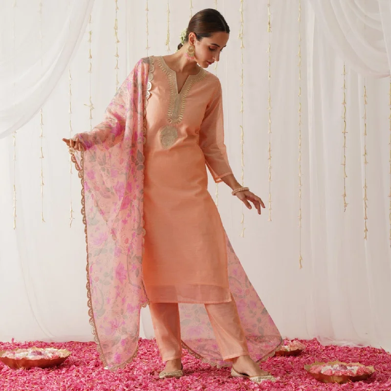 Eclectic Style Wardrobe Peach Embroidered Chanderi Kurta Pant Dupatta Set with Gota Details